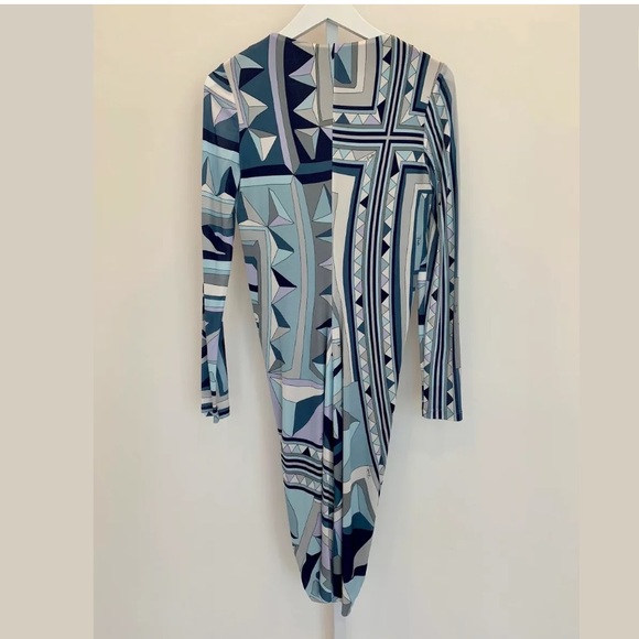 EMILIO PUCCI BLUE MULTI PRINT LONG SLEEVE DRESS SIZE IT 42 / US 8 NWOTS! - Picture 5 of 17